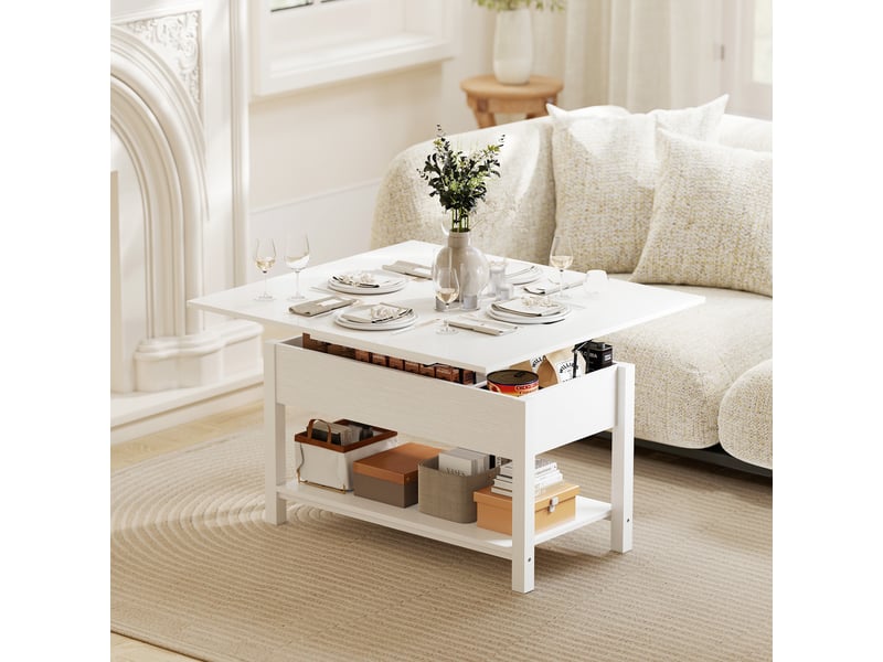  Table basse relevable et extensible table de salon avec compartiment caché étagère ouverte 100x45x50,5cm blanc  - Conforama A