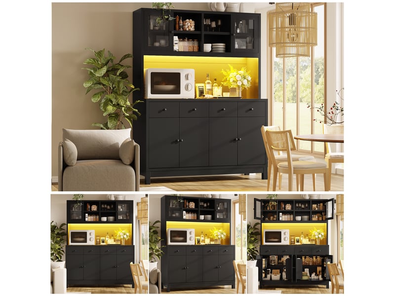  Meuble de cuisine muvano, buffet haut noir avec portes vitrées, 4 tiroirs, 140 × 38,5 × 180 cm  - Conforama B
