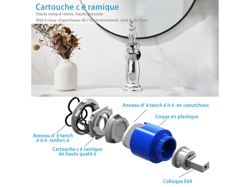 Robinet de lavabo style victorien chromé avec poignée céramique - contrôle eau chaudefroide - installation facile avec flexibles inclus  - Conforama E