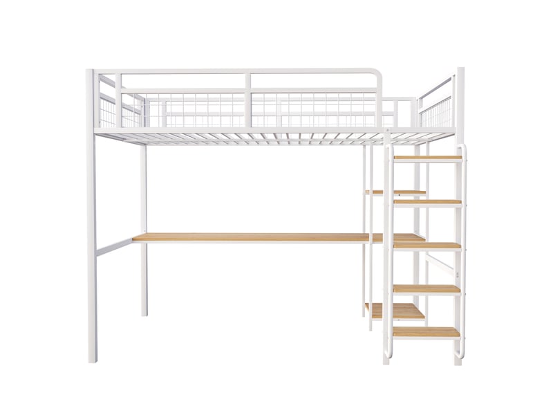  Lit mezzanine enfant 140x200 cm avec table, étagère, garde-corps, escalier, sommier, métal blanc, sans matelas  - Conforama R
