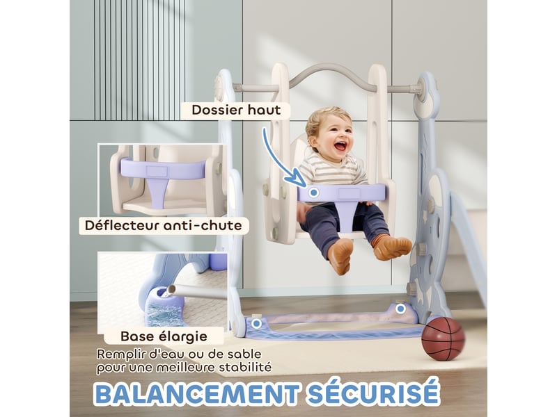  Toboggan et balançoire pour enfants 4 en 1 avec panier de basket et échelle, 147,5 x 160 x 107 cm, bleu clair  - Conforama R