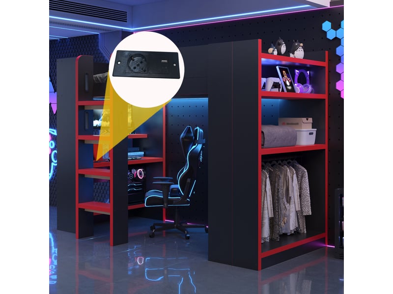  Lit mezzanine 90 x 200 cm avec bureau, support ordinateur, étagères, penderie, prise et éclairage led, noir et rouge Bliss Lite - Conforama D