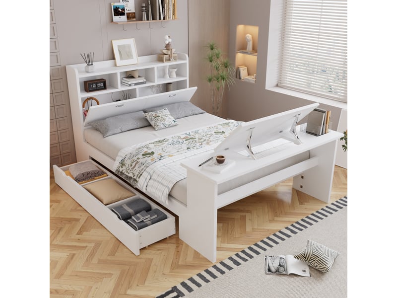  Lit adulte 140x200 rangement table pliante bois blanc chambre multifonction homvra  - Conforama B