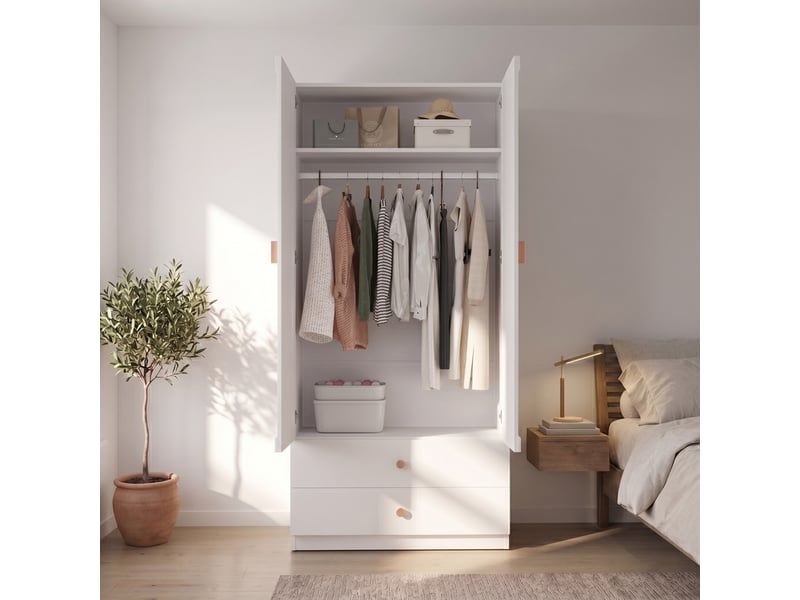  Armoire avec poignées en bois massif, 200 x 90 x 45 cm, 2 tiroirs, 1 penderie et espace de rangement, design moderne, blanc  - Conforama D