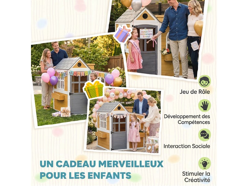 Cabane enfant extérieur en bois, maison enfant extérieureintérieure avec porte, fenêtres, jaune, 3 bacs à fleurs - Conforama W
