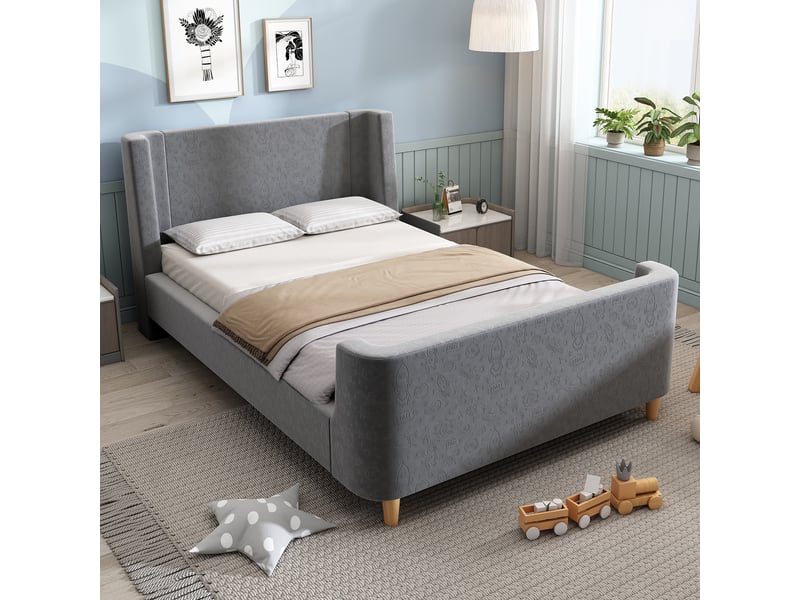  Lit enfant rembourré 90 x 200 cm, motif astronaute, pieds en bois massif, tête de lit rembourrée, sommier à lattes, pour la chambre, velours, gris ABC - Conforama D