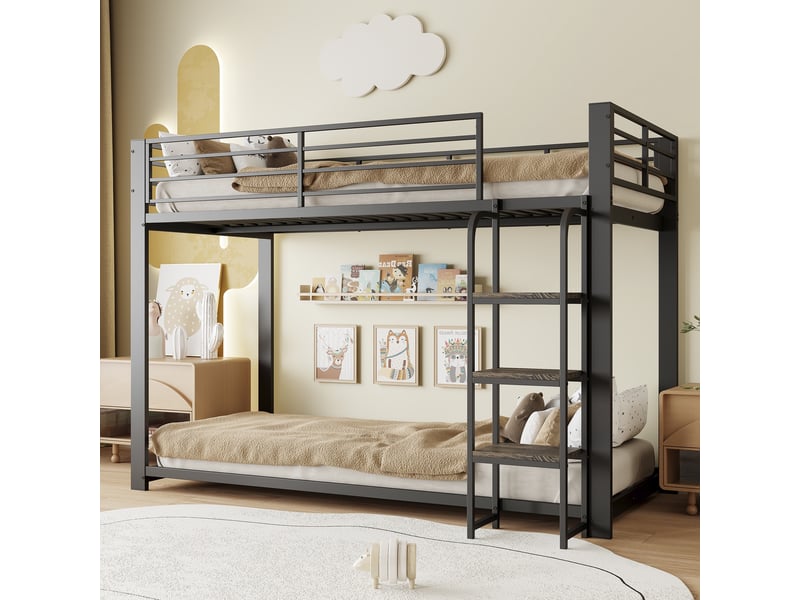  Lit superposé 90x200cm - lit simple enfant en métal avec échelle à marches en bois - barrière de sécurité haut - noir  - Conforama C