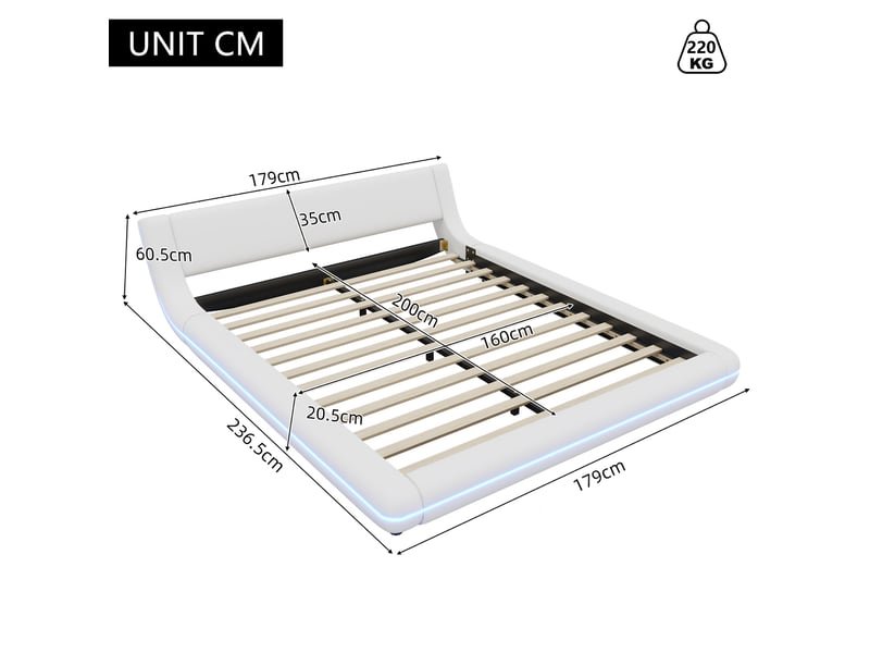  Lit adulte 160x200cm,lit double,lit au sol en pu et mdf avec lumière led et télécommande 24 touches,blanc lit adulte blanc - Conforama C