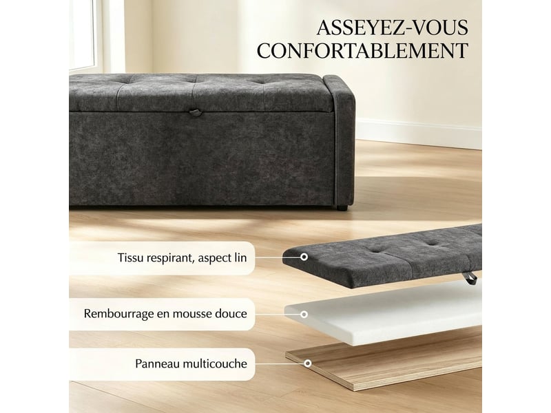  Banc de rangement gris foncé 122 cm en lin, coffre bout de lit  - Conforama E