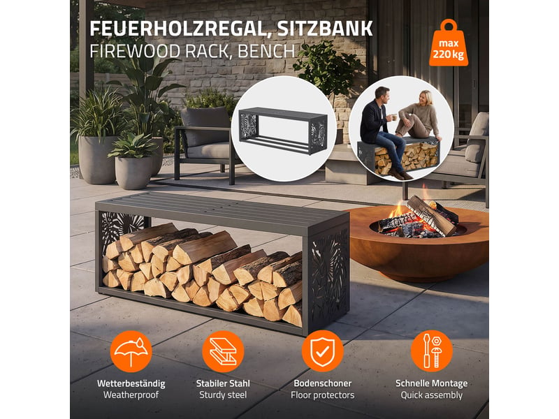  Ml-design range-bûches pour intérieur et extérieur avec banc, acier galvanisé, conception 2-en-1 motif feuilles, rangement bois de chauffage, support d'empilage résistant aux intempéries, 120x38x43 cm ECD Germany GmbH - Conforama B