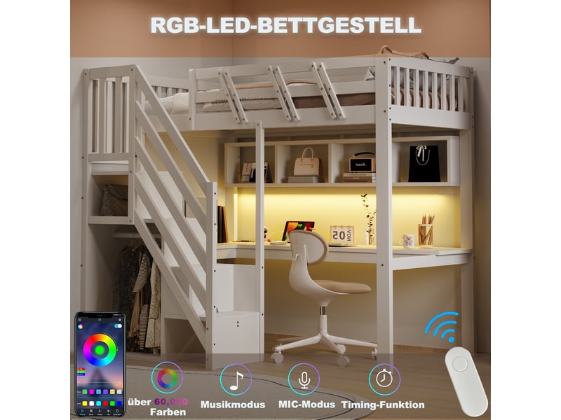  Lit en bois massif 90x200cm avec port usb et éclairage led, lit enfant avec bureau, cadre de lit adulte, lit simple rembourré, blanc  - Conforama D