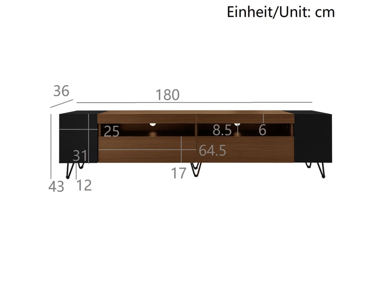  Meuble tv 180 cm noir et décor bois, 2 portes, niches ouvertes et passe-câbles  - Conforama C
