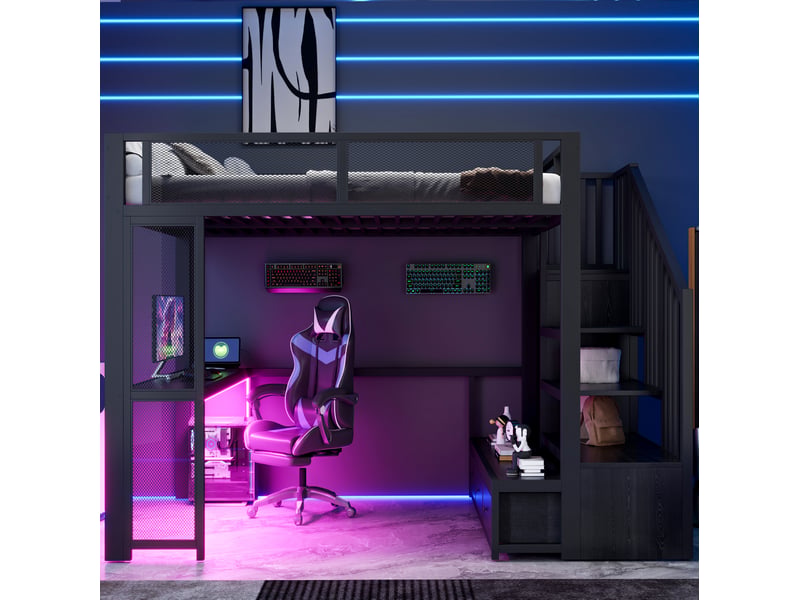 Lit mezzanine enfant 140x200 cm noir avec escalier, bureau, 3 tiroirs, led et usb - Conforama E