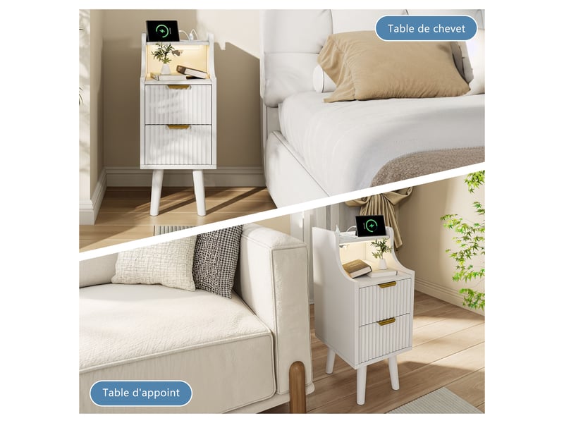  Lot de 2 tables de chevet blanches à 2 tiroirs, finition cannelée, bandeau led 3 couleurs, station de charge eu, rangement ouvert, pieds en bois, table d’appoint multifonction  - Conforama D