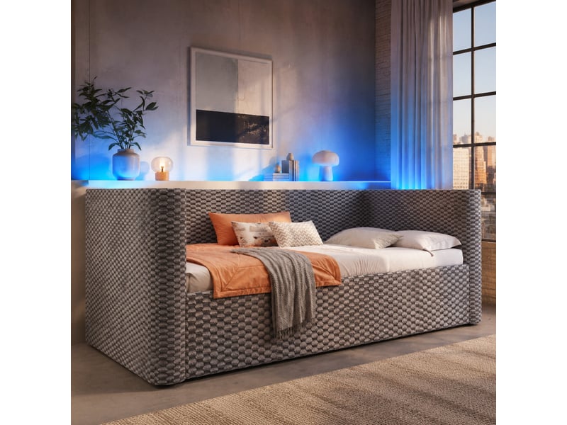  Lit simple 90x200 cm avec rangement hydraulique et led multicolore en velours et mdf gris  - Conforama D