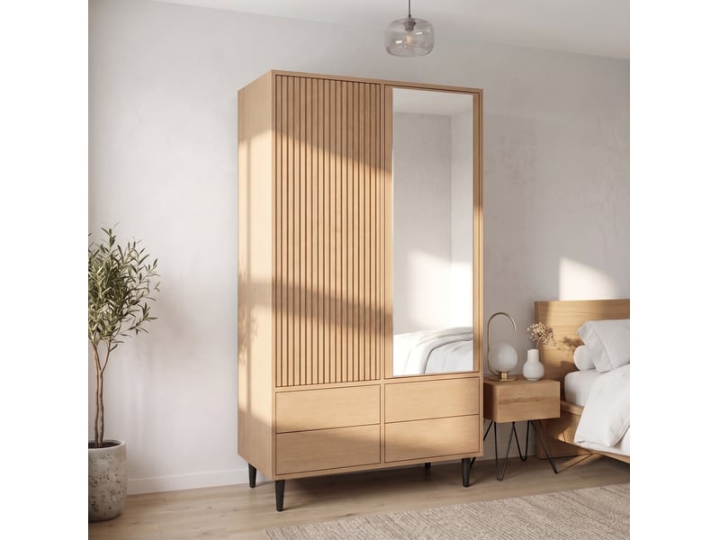  Armoire 90x45x200 cm avec 4 tiroirs et miroir, mdf et métal, coloris bois, rangement chambre et dressing, rangement  - Conforama E