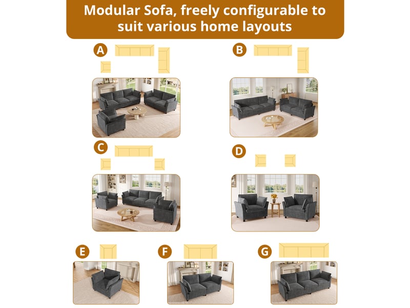  Ensemble canapé modulable 6 places en tissu chenille gris, 6-7 personnes, 220×87×81 cm  - Conforama D