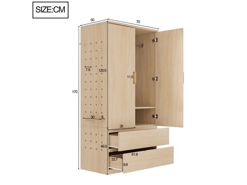 Armoire penderie - 70x50x170 cm - tiroirs de rangement - rangements intégrés - structure bois - rangement chambre - bois naturel CozyNest - Conforama D