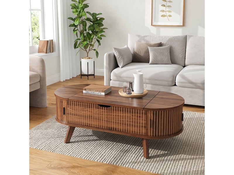  Table basse relevable ovale avec rangement caché, portes coulissantes, noyer, 110x50 cm  - Conforama E