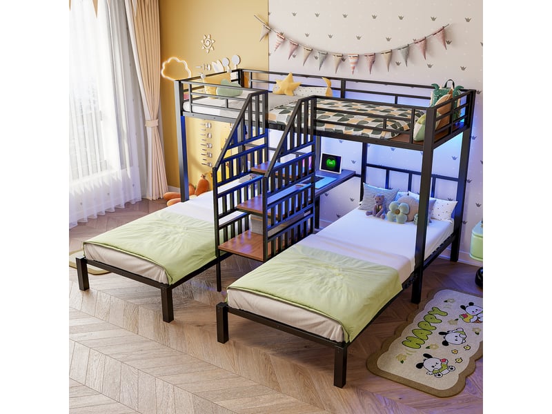 Lit mezzanine 90 x 200 cm, lit enfant surélevé, bureau intégré, étagères ouvertes, éclairage led, connectique usb, échelle, métal, noir Morn Vibe - Conforama B