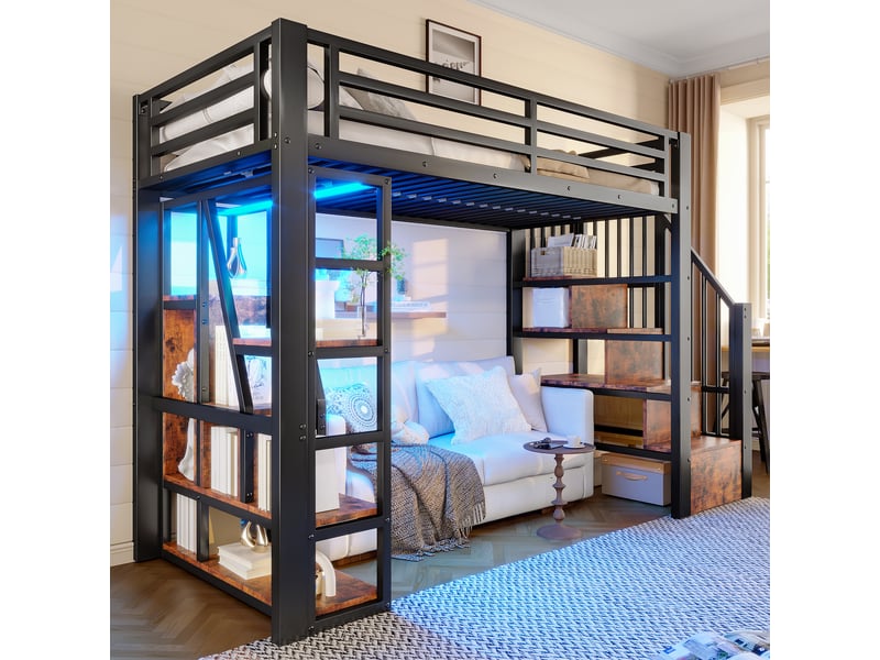  Lit surélevé 90 x 200 cm noir, led, marches intégrées, garde-corps, échelle, sans matelas, métal et mdf  - Conforama E