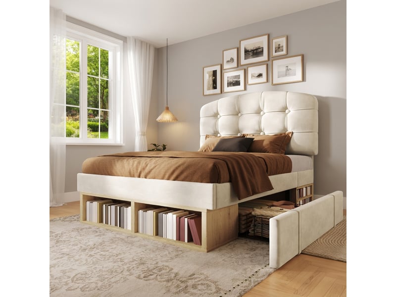  Lit enfant 90 x 200 cm, avec tiroirs et espace de rangement, en velours,beige  - Conforama D