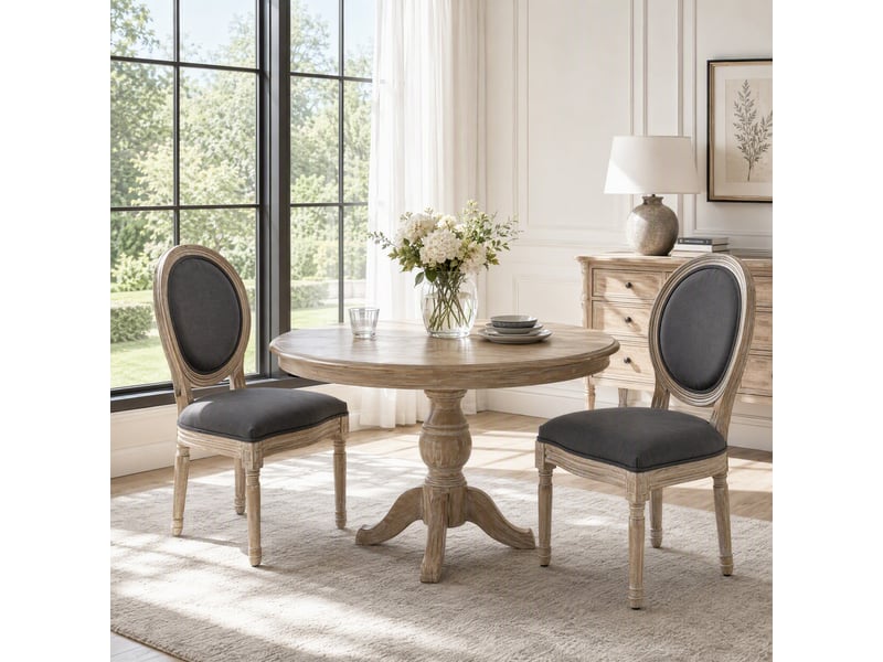 Lot de 2 chaises de salle à manger, assise et dossier rembourrés en effet lin, chaises médaillon style louis xvi, gris  - Conforama W