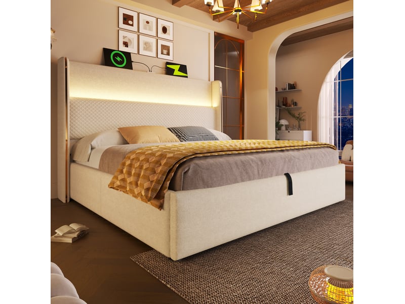  Lit coffre hydraulique 160x200 cm avec matelas, led, usb et type-c, beige  - Conforama D