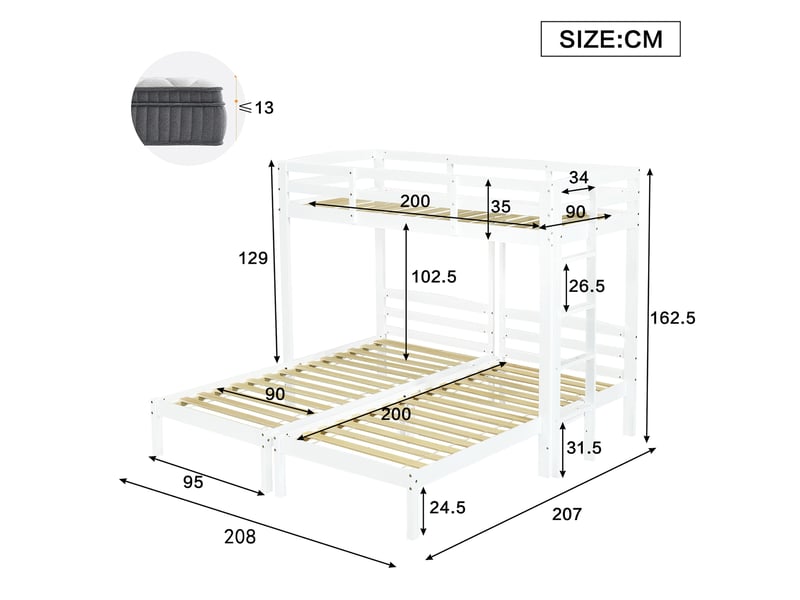 Lit superposé triple 90x200 cm, enfant 3 couchages, structure de lit avec échelle réversible, bois, blanc, sans matelas - Conforama C