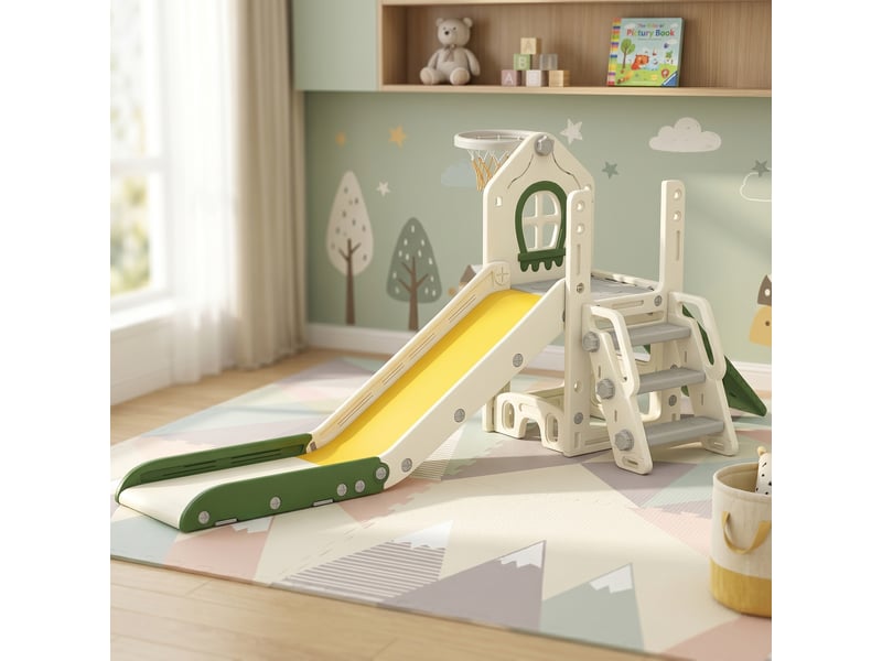  Toboggan pour enfant pliable 5-en-1 avec escalade, panier de basket, espace de rangement et ballon, crème  - Conforama B