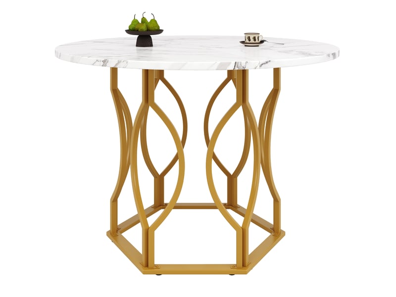  Table de salle à manger ronde pour 4 en mdf et métal 100×100×76 cm blanc et doré  - Conforama D