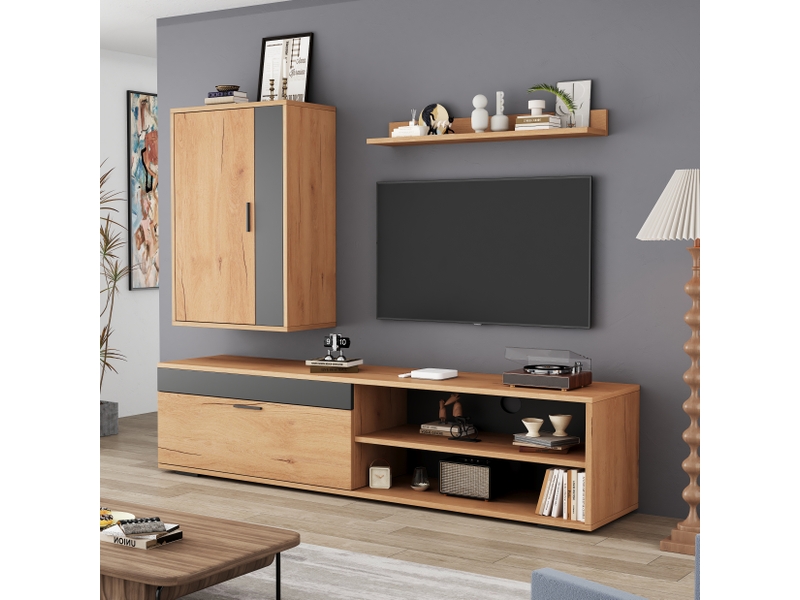  Ensemble meuble tv mural 3 pièces 140 cm bois et noir moderne avec rangements  - Conforama W