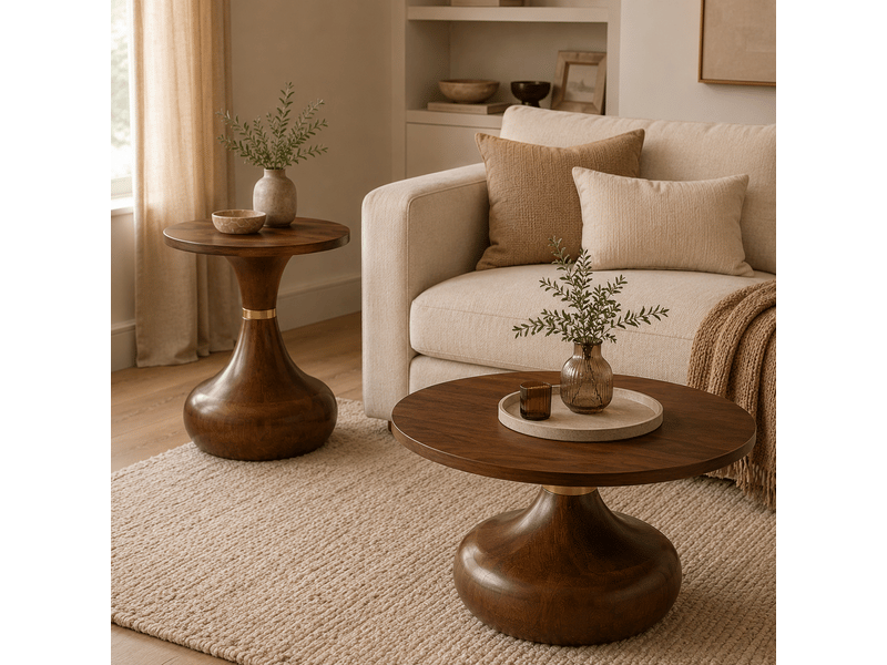 Tables basses gigognes avec 2 plateaux ronds et piètement sculpté, en mdf et métal, noyer, pour salon  - Conforama E