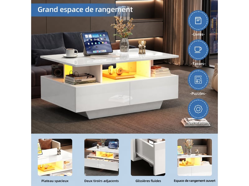  Table basse 90x55x41 cm avec led, 2 tiroirs, rangement, finition haute brillance, salon, blanc  - Conforama D