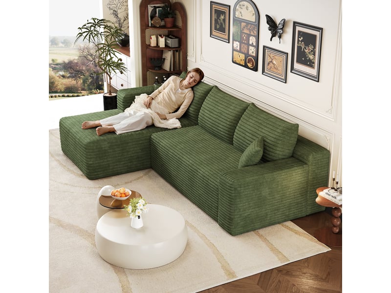 Canapé d'angle en L 241cm,canapé compressé modulable 3 places avec méridienne à gauche,motif nuage,assise profonde,tissu en velours côtelé,vert CARDUME ESTIVAL - Conforama B
