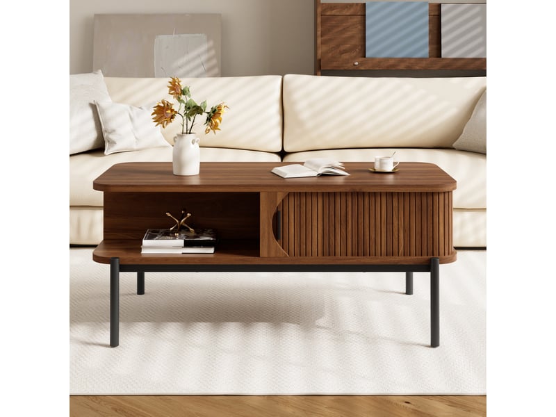  Table basse fixe avec 2 portes coulissantes, 2 niches et rangement fermé moderne en mdf noyer 100 × 45 × 43 cm  - Conforama E