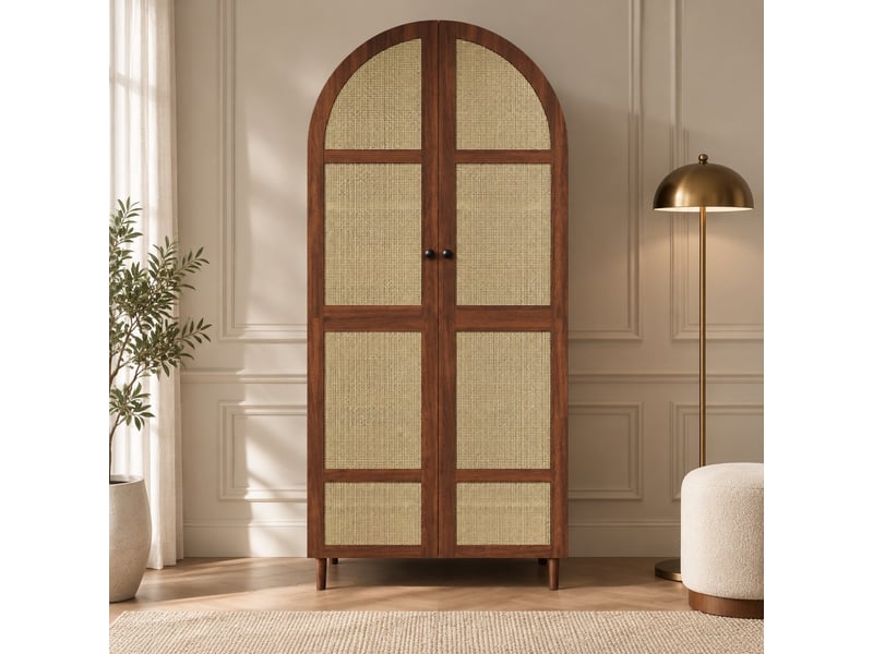  Armoire de rangement à portes cintrées avec penderie et tiroirs - lpospi - façades en rotin mdf et panneaux de particules noyer  - Conforama B
