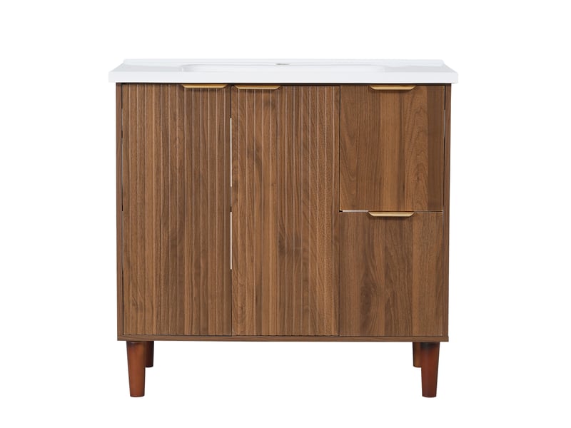 Meuble vasque sur pied 91 cm noyer, lavabo céramique, portes doubles, tiroirs, poignées dorées - Conforama A