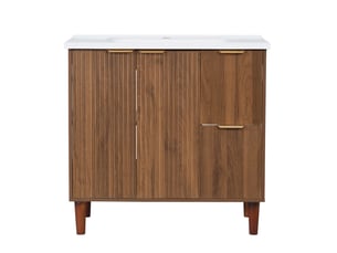 Meuble vasque sur pied 91 cm noyer, lavabo céramique, portes doubles, tiroirs, poignées dorées