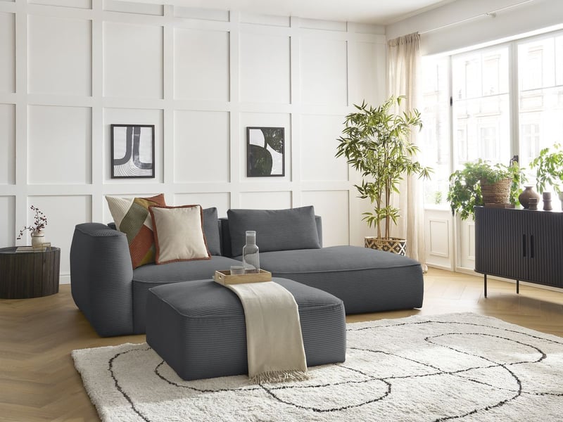  Bobochic canapé droit fixe 3 places leopold velours côtelé avec pouf gris foncé  accoudoir gauche LEOPOLD - Conforama B
