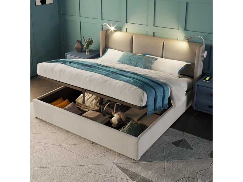  Lit double capitonné 140x200 cm,lit coffre hydraulique,liseuse led avec port usb,tête de lit rembourrée,lin,sans matelas,beige  - Conforama R