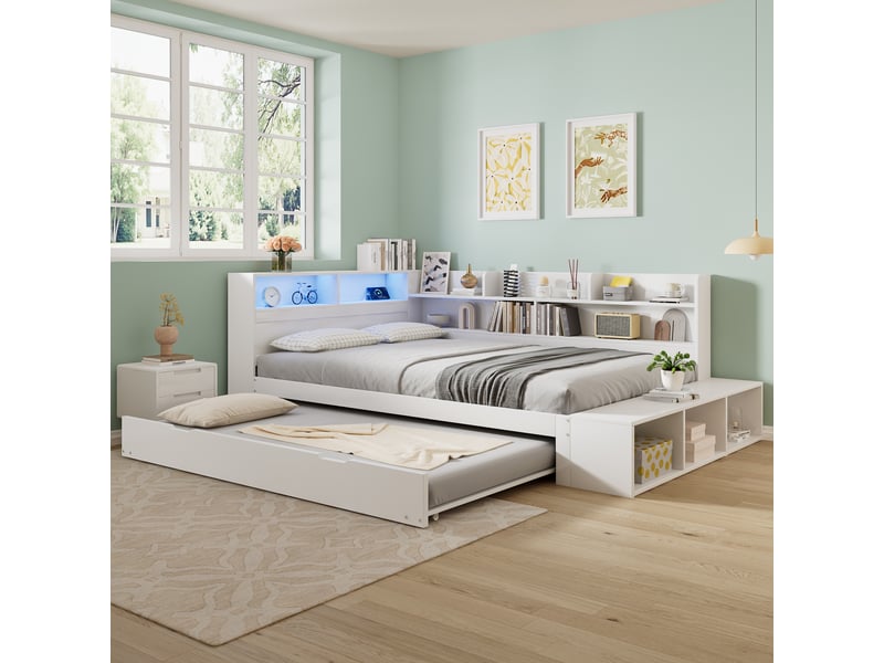 Lit gigogne 120 × 200 cm, couchage 90 × 190 cm extractible, led, prise et banc avec niches, en pin et panneaux, blanc - Conforama D