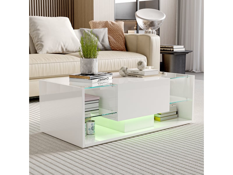  Table basse brillante avec led,table basse salon, table d'appoint, plateau en verre ,moderne,100 x 50 x 35 cm,blanc  - Conforama B