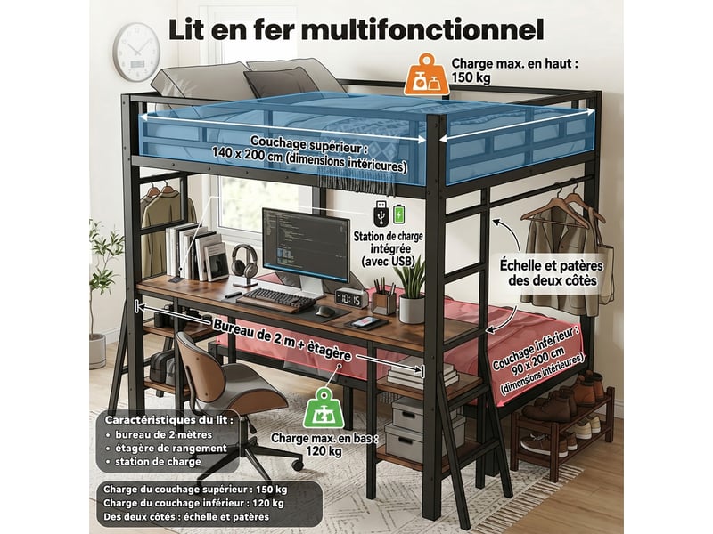  Lit superposé en métal 90x200+140x200 cm, lit enfant avec escalier, bureau et sommier à lattes, noir  - Conforama D
