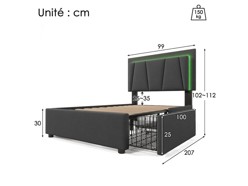  Lit simple 90x200 avec led et 2 tiroirs, tête de lit réglable en hauteur, cadre en bois, gris  - Conforama E