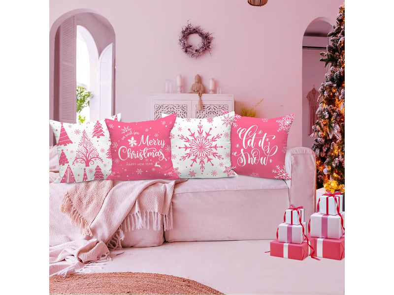  Lot de 4 housses de coussin de noël 45 x 45 cm, motif flocons de neige d'hiver, décoration de noël rose  - Conforama B