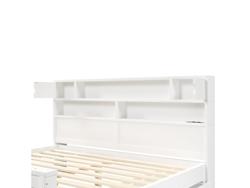  Lit blanc 180x200 cm en bois et mdf avec tête de lit bibliothèque, led, usb, rangements intégrés et quatre tiroirs  - Conforama E