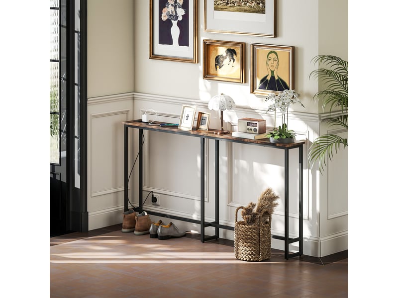  Table console étroite style industriel avec prises de courant et usb, pour salon entrée couloir, marron, 160x20x80cm  - Conforama D