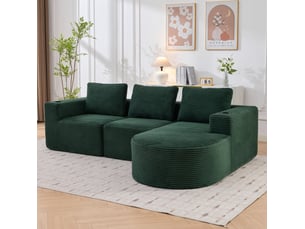 Canapé 2 places compressé en velours côtelé vert rétro avec 3 coussins et 2 porte-gobelets