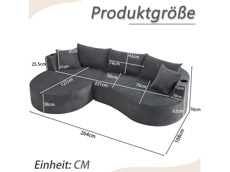  Canapé d'angle fixe 3 places avec méridienne gauche en velours côtelé gris 264 cm, porte-gobelets intégrés  - Conforama C